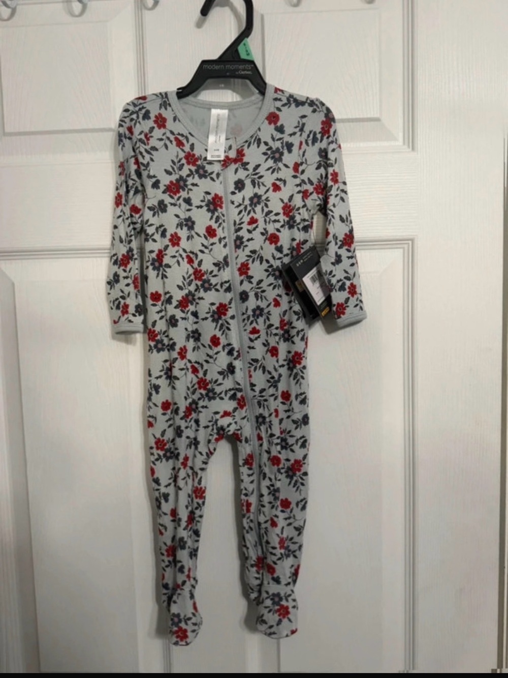 Kids Floral Footed One-Piece Pajama - Light Gray with Red Floral Print